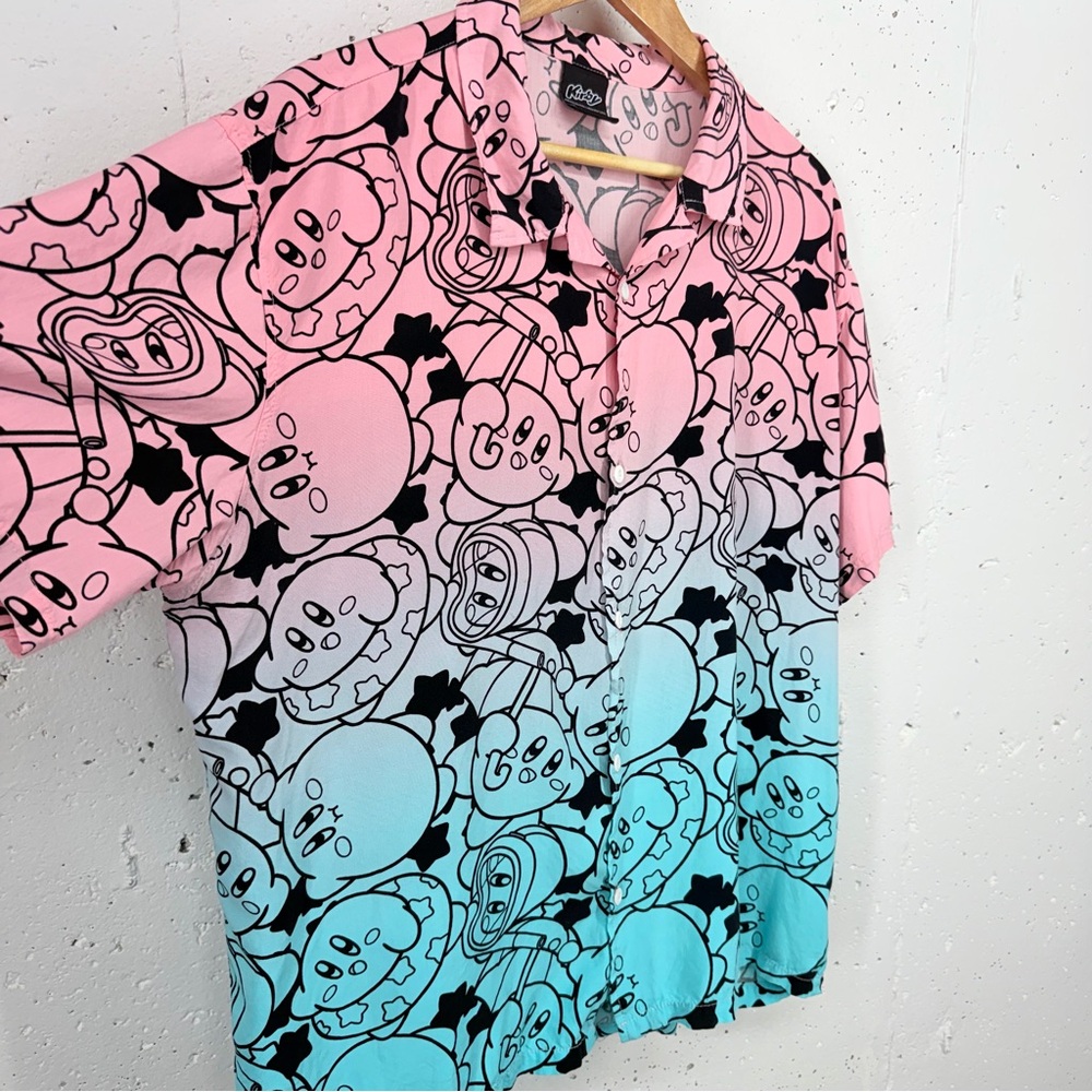 Nintendo Men’s XL Kirby Pink & Blue Short Sleeve Button Down Shirt - Picture 6 of 11